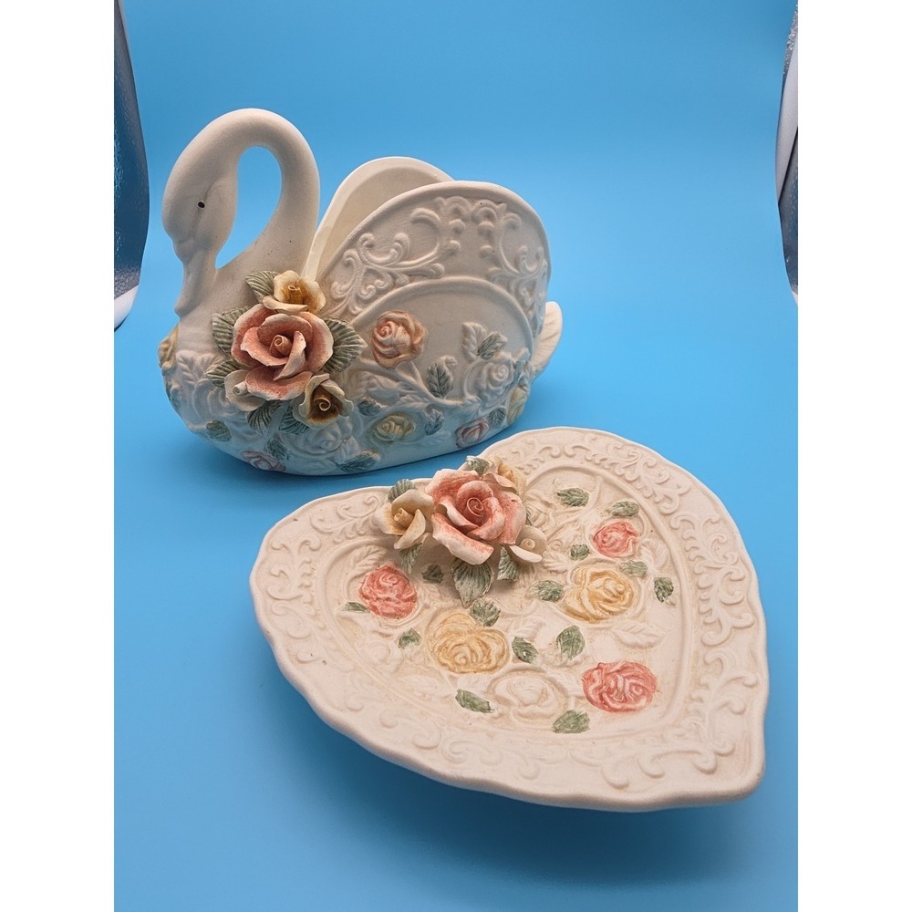 Vintage White Swan Planter Catch All And Trinket Dishβ Heart Floral Decor 3D